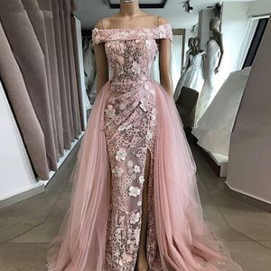 Elegante roze 3D bloem kant zeemeermin avondjurk met verwijderbare trein off shoulder parels side split prom jurken formele jurken