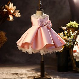 Robe de bal rose élégante robe de fille de fleur robe de princesse en dentelle pour les filles robes d'enfants vintage pour les cristaux de fête de Noël perlées robes de broderie de fleurs pour enfants