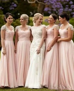 Elegantes vestidos de dama de honor rosa rosa longitud de gasa larga estilo ratado de marina de playa vestidos de fiesta de honor ropa de boda