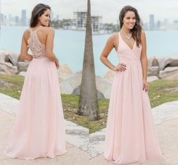 Elegante roze chiffon land bruidsmeisje jurken zomer strand formele meid van eer jurken op maat gemaakte goedkope bruiloft gasten jassen