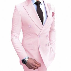 Costume élégant rose à double boutonnage pour hommes, deux pièces, veste + pantalon, Banquet formel, mariage, coupe cintrée, ensemble masculin U7Mp #