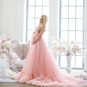 Elegante Roze Avondjurken 2021 Sweetheart Tulle Sweep Train Maternity Jurk Plus Size Pregant Photographs Vestido de Novia