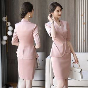 Élégant rose dame costume professionnel été mode dames veste jupe féminine deux pièces de haute qualité 220302