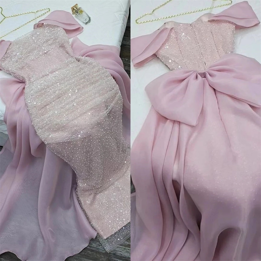 Elegant Pink Mermaid Evening Dress 2024 Off-the-shoulder Sequins Beads Organza Women Prom Formal Gowns Vestidos De Feast Robe De Soiree