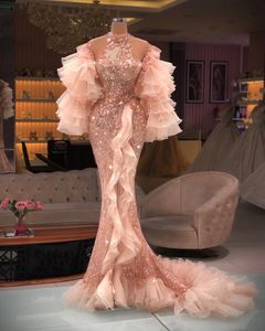 Elegante roze zeemeermin avondjurk met ruches mouwen sequin kant prom jurken 2022 beroemdheid vrouwen feestkleding