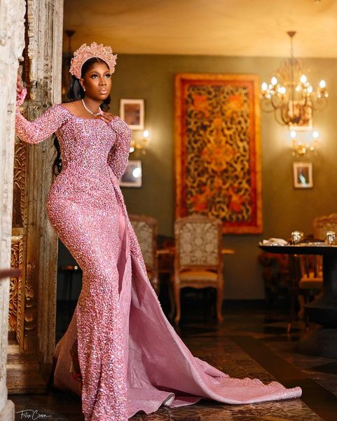 Elegantes vestidos de noche de sirena rosa Nuevo brillo de lujo Cuentas con lentejuelas Tren de barrido Perlas Tallas grandes Vestidos de fiesta Tamaño por encargo D-H23296