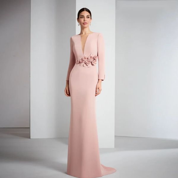 Elegante vestido rosa para madre de la novia 2024 Cuello en V Mangas largas Vestidos de fiesta de boda Flores 3D Hasta el suelo Robe De Fete De Mariage