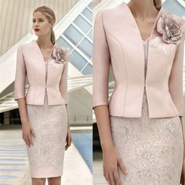 Elegante rosa Madre de los vestidos de novia con chaqueta de encaje Apliques Cuentas Vestido de invitados de boda Hasta la rodilla Flor Madre formal Out257e