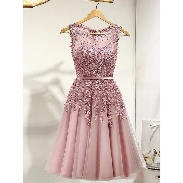 Elegante vestido De graduación rosa corto 2019 muestra Real hasta la rodilla línea A apliques rebordear Vestidos De fiesta baratos Vestidos De Gala