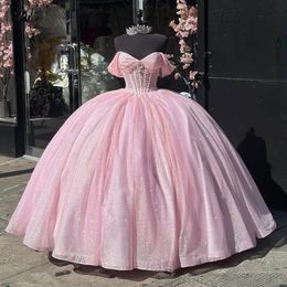 Élégant robes de quinceanera rose perles de paillette chérie sweet 16 robes de bal