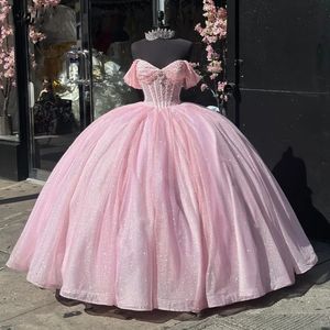 Elegante roze quinceanera -jurken kralen sweetheart pailletten zoete 16 prom jurken glinsterende optochtjurk