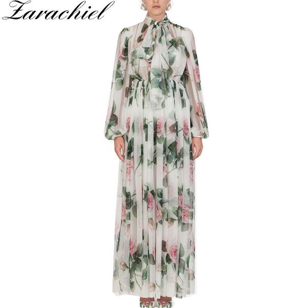 Elegante rosa rosa estampado Floral fiesta mujer manga cinturón con lazo cintura elástica Maxi mujer gasa Boho vestido largo 210416