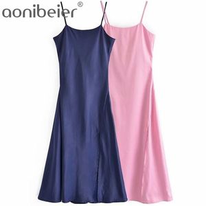 Élégante robe de soirée satin rose été fédérale Split Strap Spaghetti Strap Femme Casual Midi Camisole Femelle Navy 210604