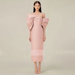Élégant gaine rose robe d'anniversaire du soir 2024 couche-cou big arc boutons en dos de thé en satin longueur de bal formelle robe de fête de bal de soirée de soie