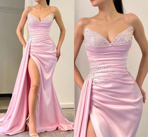 Elegante Roze Split Avondjurken Sweetheart Zeemeermin Sparkle Pailletten Applicaties Satijn Lange Galajurk Plooien Vrouwen Formele Ocn Vestidos