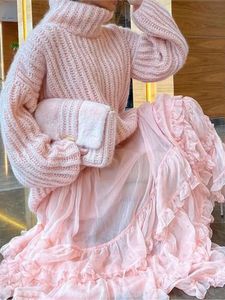 Elegante roze coltrui gebreide trui voor dames losse lantaarnmouwen geplooide truien tops dames warme hoge streetwear
