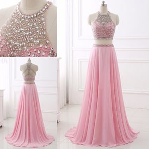 Elegante roze twee stukken avondjurken Lange chiffon halter criss kruisbanden terug steentjes kristal kralen prom formele jurk jurk goedkoop