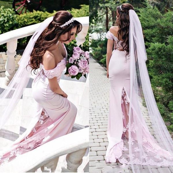 Robes de mariée roses élégantes Style simple dentelle hors épaule plage robes de mariée sirène balayage train robe de mariée sur mesure Z26