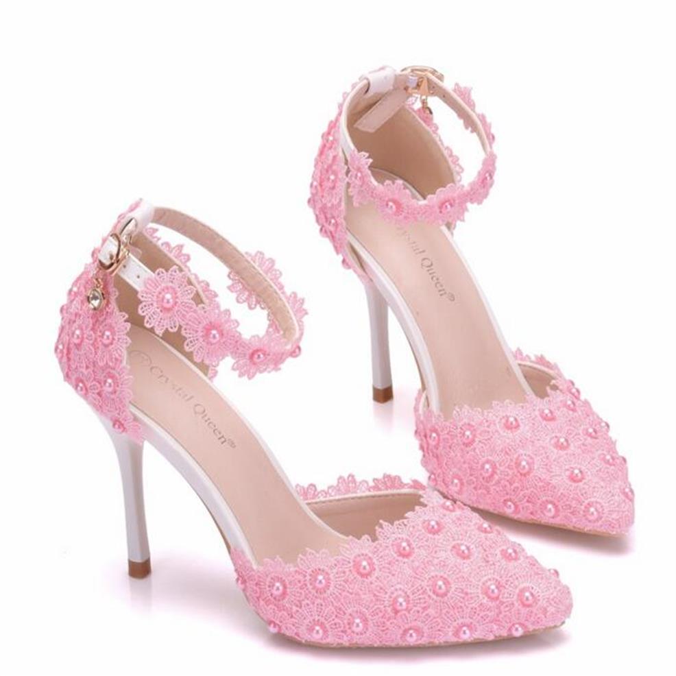 Elegant Pink White Lace Wedding Shoes For Bride Pearls party prom evening pumps Bridal Shoes Spool Heel Pointed Toe Beaded203S