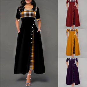 Élégant à carreaux imprimé robe femmes demi manches bouton poche longue robe dames Vintage a-ligne grande balançoire Maxi robes de soirée 2021 X0521