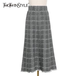 Elegante geruite rok voor vrouwen hoge taille patchwork kwast midi rokken vrouwelijke mode kleding herfst 210521