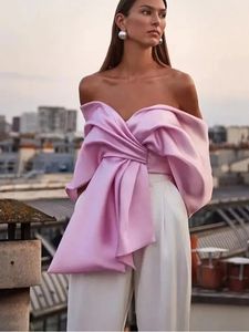 Elegante satén plisado Satin Pink Bow Women Tops Sexy Off Shoulder V Cortada Tank Tank Toqule 2024 Spring Summer Chic Lady Vest 240411