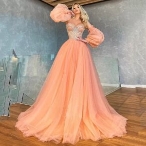 Elegante plus size a line avondjurken prinses kralen v nek lange mouw strapless tule vloer lengte formele prom feestjurken op maat gemaakt