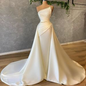 Elegante plus size Arabisch Arabisch Aso Ebi Stijlvolle sexy schede prom jurk avondjurken satijnen vloer Lentgth parels strapless formele special occas 299y