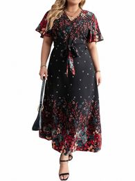 Elegante talla grande Casual Dres Mujer 2023 Verano con cuello en V Manga corta Estampado floral LG Dr Black Curvy Tamaño Mujer Ropa e4Wc #