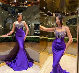 Élégants robes de soirée de sirène violette de taille plus longue pour les femmes Spaghetti Stracts Crystals de perle Longueur du sol robe de bal d'anniversaire Pageant Special OCN robes BC18918