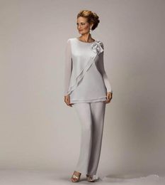 Elegante plus size zilveren moeder broek pak voor moeder van de bruidegom chiffon bruiloft feestjurk