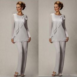 Elegante plus size zilveren broek pak voor moeder van de bruidegom kralen chiffon bruiloft avondjurken