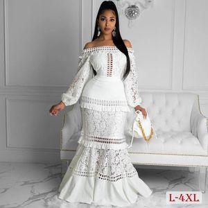 Élégante grande taille femmes robe de mariée dame dentelle blanc creux robes de fête d'anniversaire pour chic femme bal à volants robe M4XL 240202