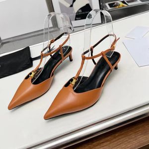 Elegante Puntige Slingbacks Casual Lederen 5 cm Hoge Hak Sandalen Klassieke Enkelband Gesp Luxe Designer Schoenen Mode Dames Feestjurk Schoen