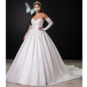Satijn sexy strapless trouwjurk met plooien lieverd lange mouwenloze kant vrouwen bruids formele jurken vestidos de novia