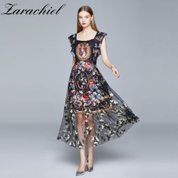Elegante print bloem borduurwerk patchwork party vrouwen zomer vlinder mouw lange jurk vintage chique mesh jurken vestido 210416