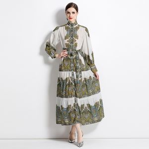 Elegante print max-lange jurk voor vrouwen, vintage losse feestjurk met booggordel, paleisstijl grote swingvestidos, lantaarnhuls