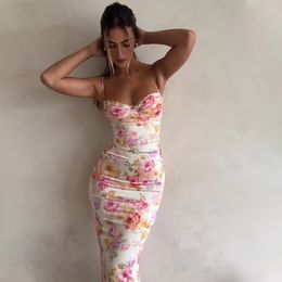 Élégant imprimé robe maxi pour femmes Spaghetti Strap sans manches arrière sans dossier Split Sexe