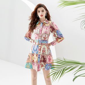 Elegante Print Feest Mini Vakantiejurk Dames Designer Lantaarnmouwen Revers Knoopsluiting Vintage Overhemden A-lijn Jurken met Riem 2023 Lente Herfst Runway Jurken