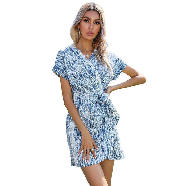 Vestido de manga corta con cuello en V y temperamento estampado elegante para mujer, vestido informal por encima de la rodilla, ropa de calle de oficina, vestidos de cintura alta 210608