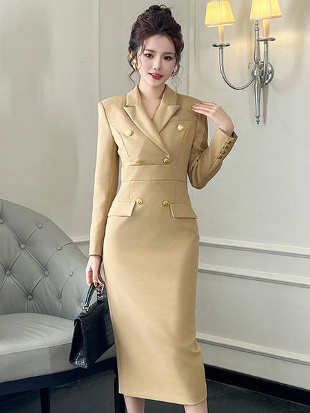 Elegante estilo profesional Midi Mujeres Calidad de negocio Calidad de negocio Doble de manga larga Rata Femme Oficina Vestidos 240312