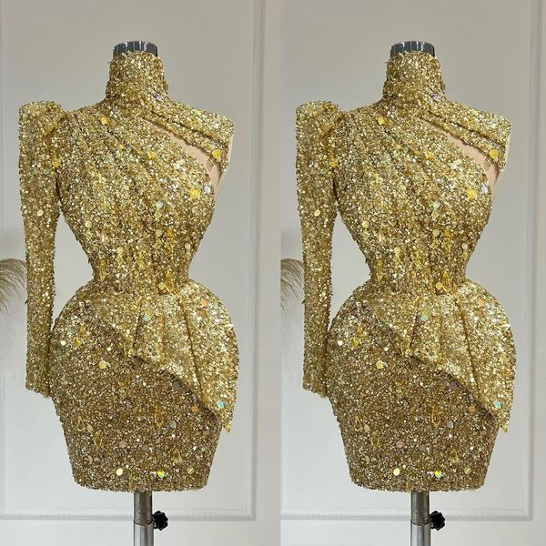 Robes de bal glamour sirène col haut une manche couleur unie paillettes conception unique jupe courte sur mesure robe de soirée robes de grande taille