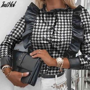 Elegante PU-lederen zwart shirt blouse vrouwen O-hals knop Ruffle shirts casual herfst winter vrouwelijke lange mouw tops Blusas 210514