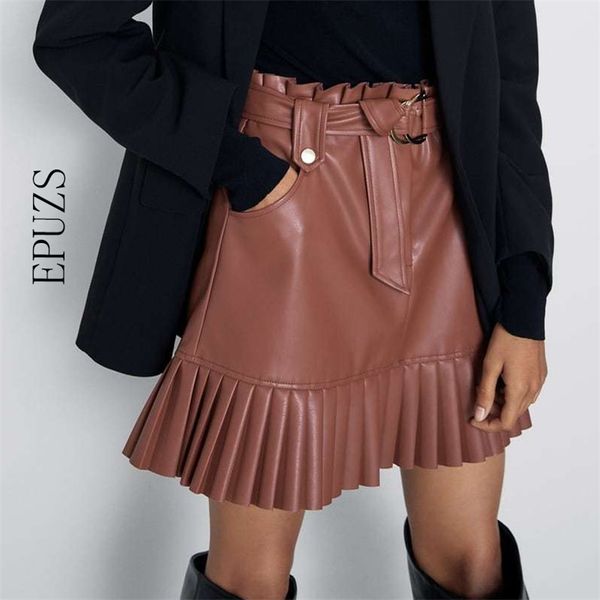 Elegante falda de cuero pu mujer Sexy mini Streetwear cintura alta elegante cinturón plisado coreano negro falda mujer 210521
