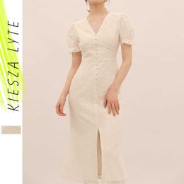 Elegante Puff Sleeve Kant Jurk Zomer Vrouwen Slanke Slit Vintage Avond Midi Party Jurken Office Lady Clothes Female 210608