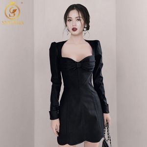 Elegante bladerdeeg mouw vrouwen vierkante kraag hoge taille ruches mini jurken voor vrouwelijke zwarte vintage vestidos 210520