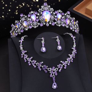 Élégant violet AB cristal couronne mariée ensembles de bijoux pour femmes diadèmes collier de mariée ensemble fête robe de mariée accessoires de costumes 240202