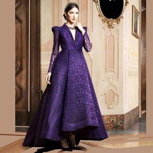 Élégant violet à manches longues en dentelle robes de soirée 2017 col en V saoudien arabe robe formelle dos nu haut bas robes d'occasion spéciale