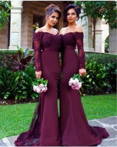 Elegante paarse landmeermin bruidsmeisje jurken off-schouder pure lange mouwen kant floral formele prom jurken goedkope kralen bruiloft gast