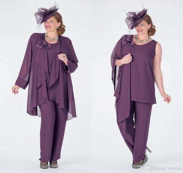 Elegant Purple Mother of the Bride Pant Suits avec vestes Jewel Neck Wedding Guest Robe plus taille mousseuse mères Groom9024283